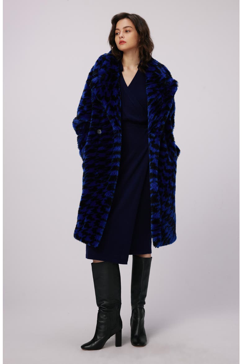 Arwen Houndstooth Check Faux Fur Coat, Alternate, color, HOUNDSTOOTH ROYAL BLUE