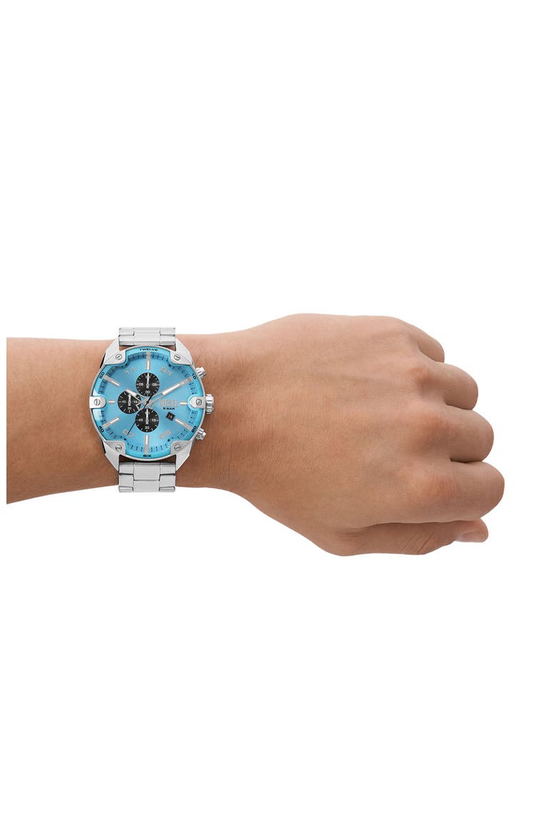 Spiked Blue Chronograph Bracelet Watch, 49mm, Alternate, color, SILVER
