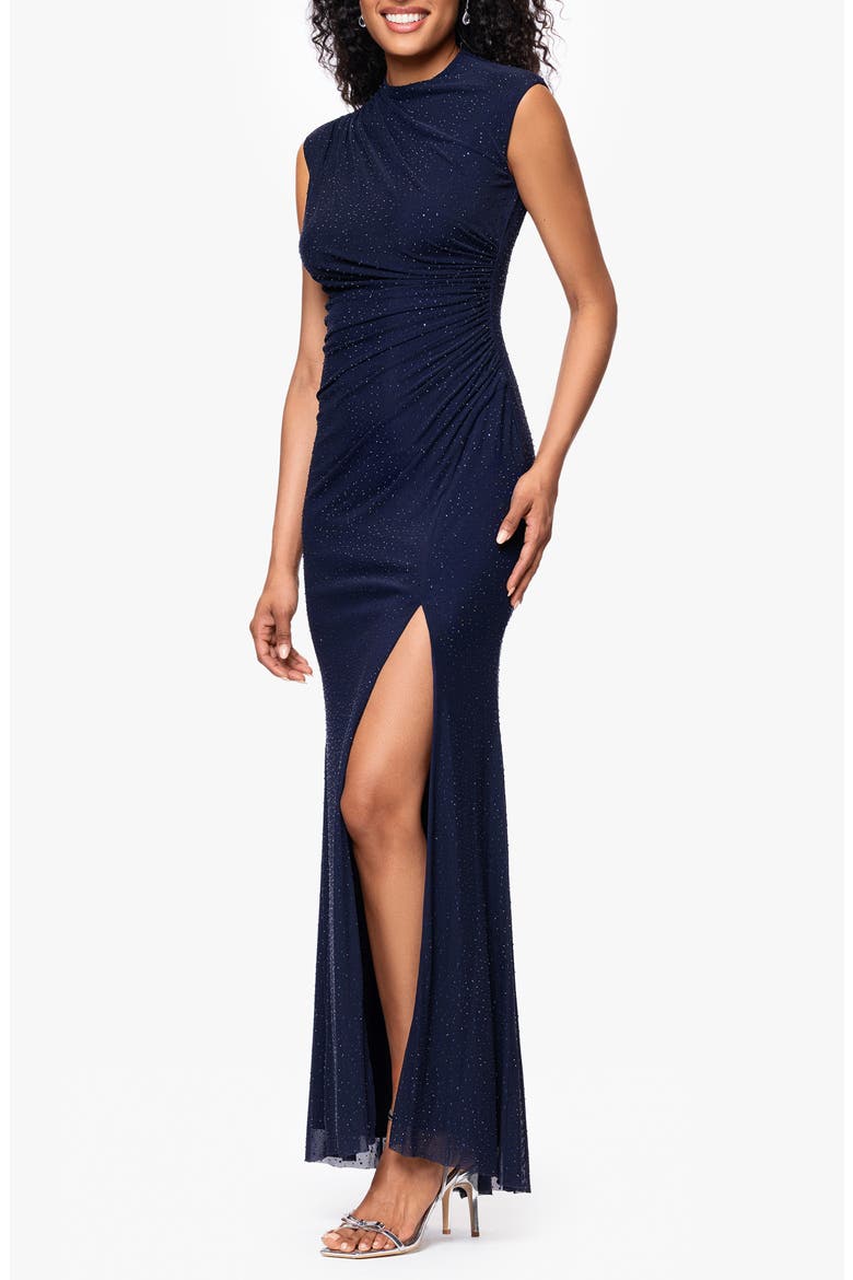 Crystal Stud Detail Powermesh Sheath Gown, Alternate, color, NAVY/ NAVY