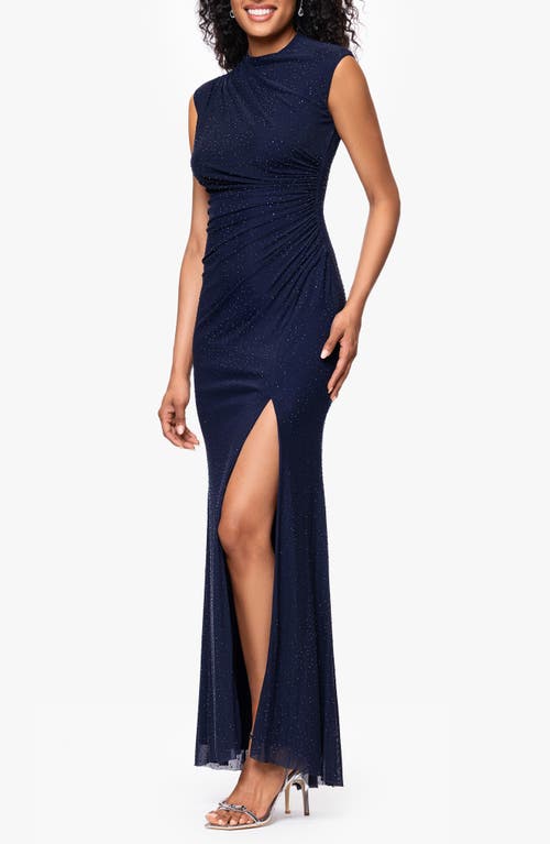 Betsy & Adam Crystal Stud Detail Powermesh Sheath Gown In Blue