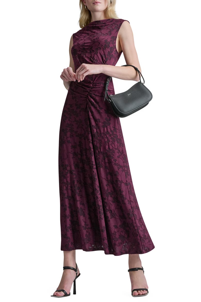 Sleeveless Side Ruched Jacquard Maxi Dress, Alternate, color, PLUM