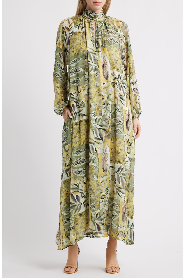 Botanical Tie-Neck Maxi Dress, Main, color, GREEN MULTI ABSTRACT