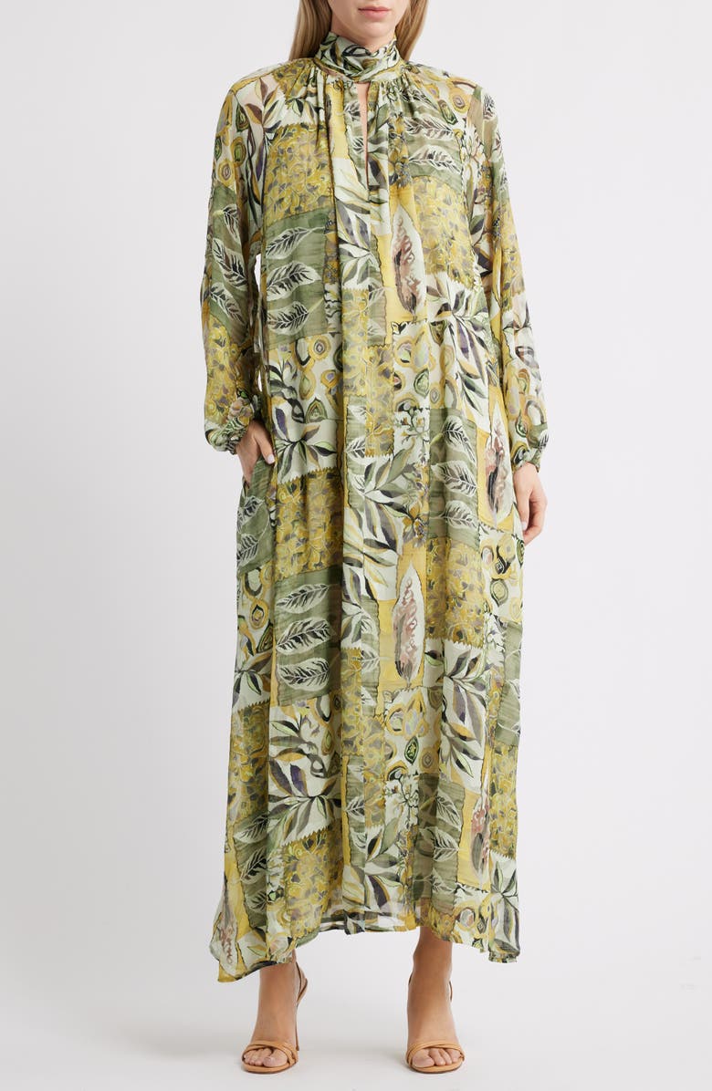 MELLODAY Botanical Tie-Neck Maxi Dress, Main, color, Green Multi Abstract