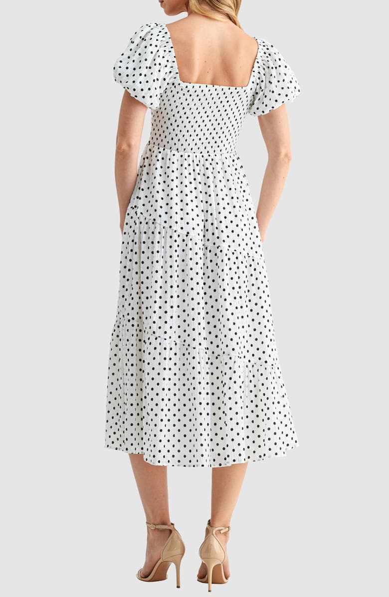 Lush Polka Dot Smocked Midi Dress, Alternate, color, Cream Dot