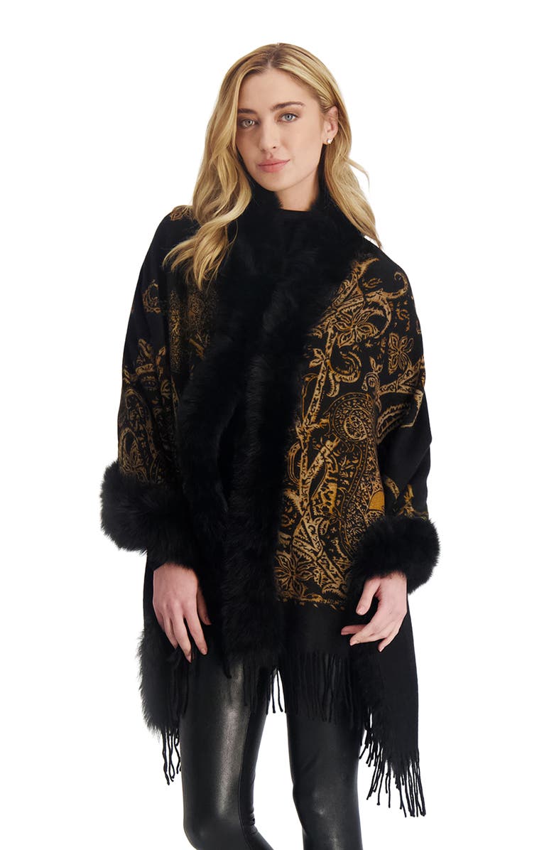 GORSKI Double Face Cashmere Stole With Toscana Lamb Trim, Main, color, Black Gold Paisley