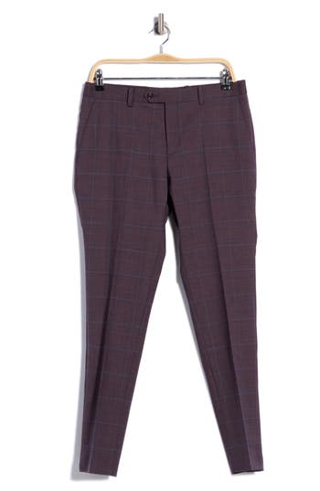 Original Penguin Plaid Flat Front Stretch Wool Blend Dress Pants In Purple Plaid