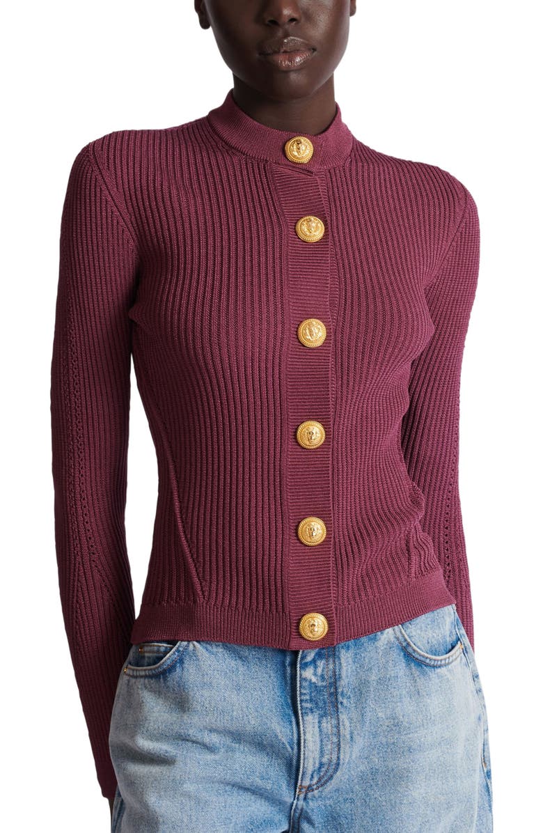 Balmain Fine Knit Cardigan With Buttons, Alternate, color, Purple