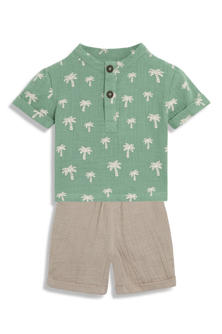 Palm Tree Cotton Gauze Henley & Shorts Set, Main, color, KHAKI