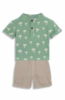 Palm Tree Cotton Gauze Henley & Shorts Set