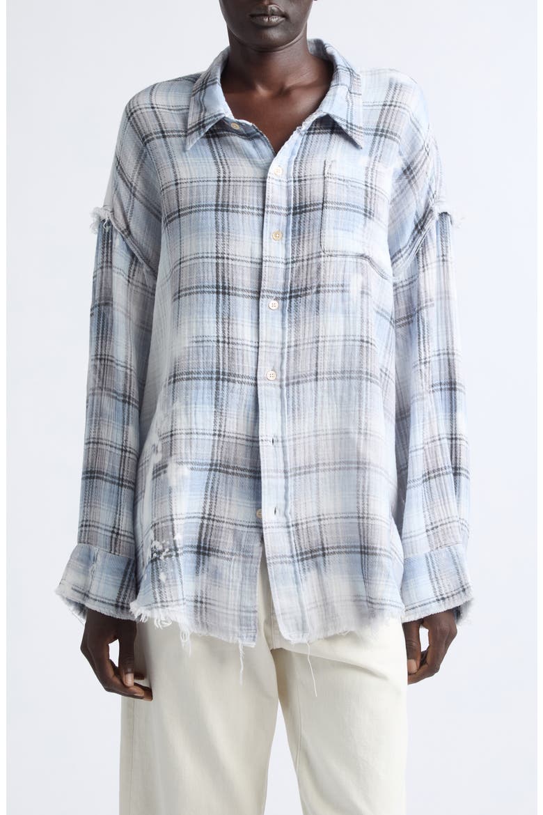Shredded Seam Drop Neck Plaid Flannel Button-Up Shirt, Main, color, BLUE BLEACHED PLAID