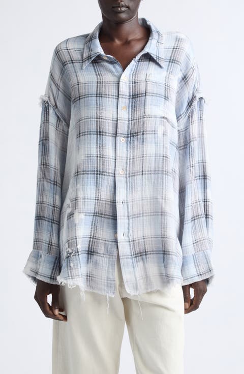 Shredded Seam Drop Neck Plaid Flannel Button-Up Shirt