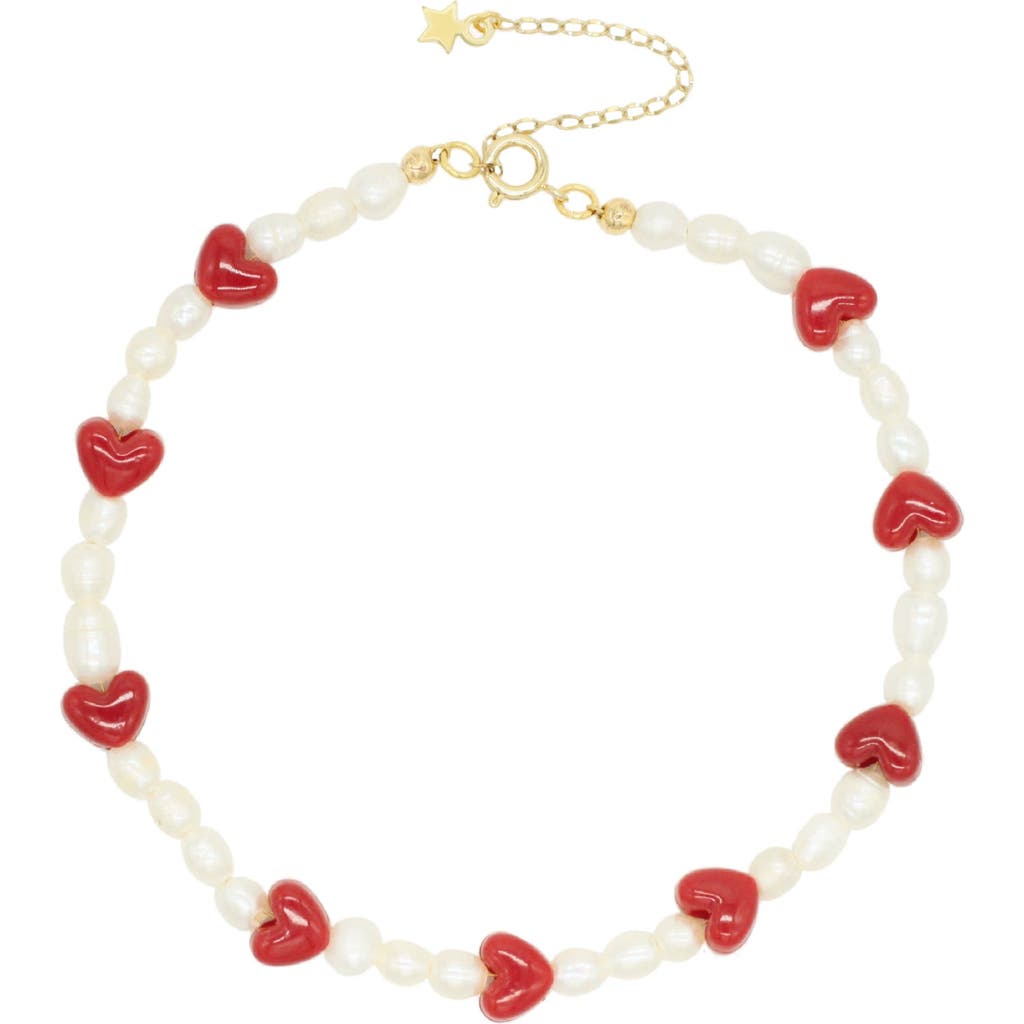 Velvet Luna Pearl Choker With Ceramic Hearts In Red