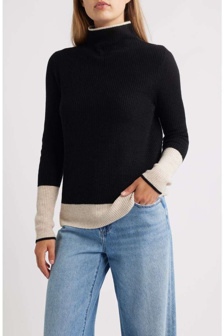 Contrast Trim Wool & Cashmere Funnel Neck Sweater, Main, color, BLACK/ OAT
