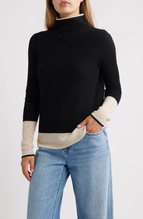 Contrast Trim Wool & Cashmere Funnel Neck Sweater