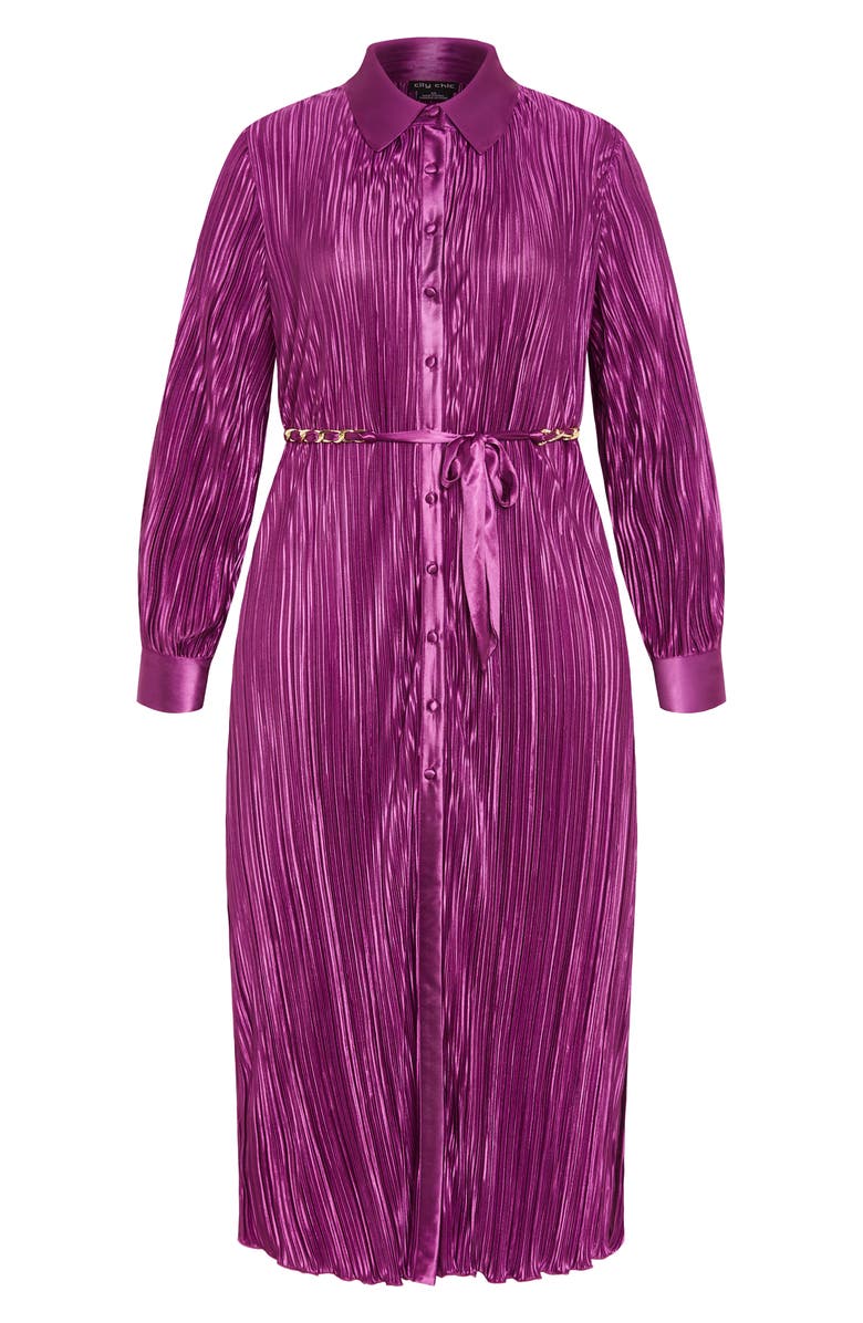 City Chic Andi Long Sleeve Plissé Maxi Shirtdress, Main, color, Magenta