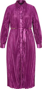 City Chic Andi Long Sleeve Plissé Maxi Shirtdress