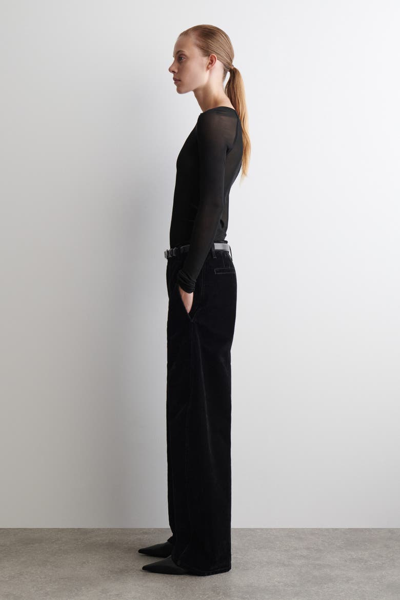 Flocked-Denim Barrel-Leg Pants, Alternate, color, BLACK