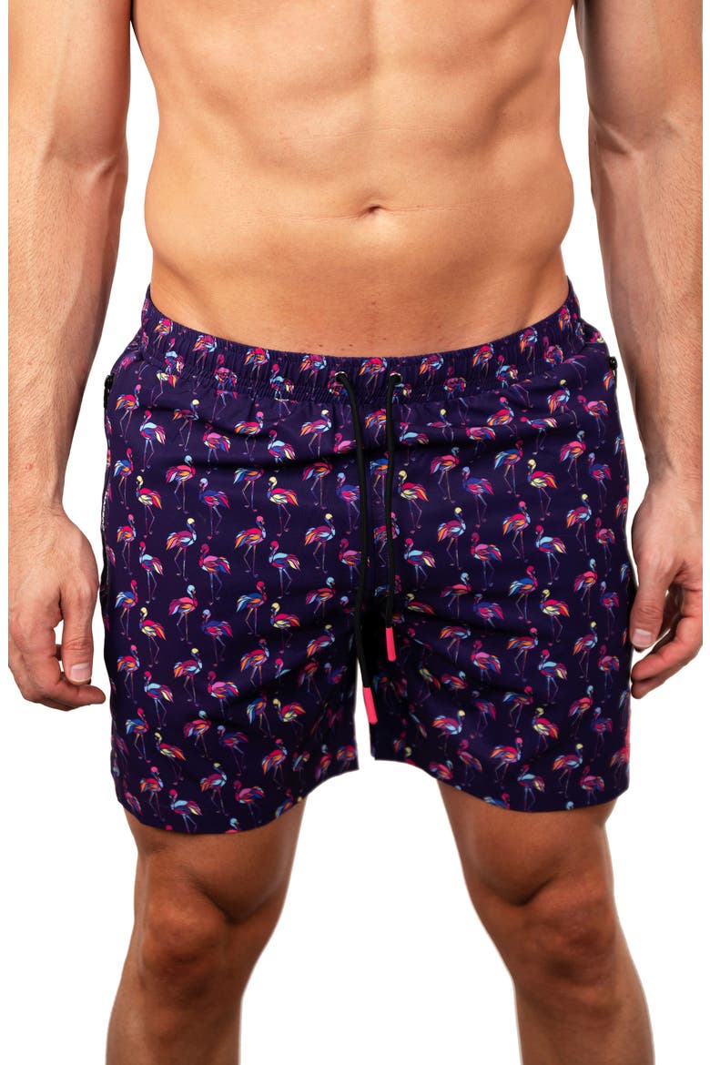 Lion Flamingo Swim Trunks, Main, color, PURPLE