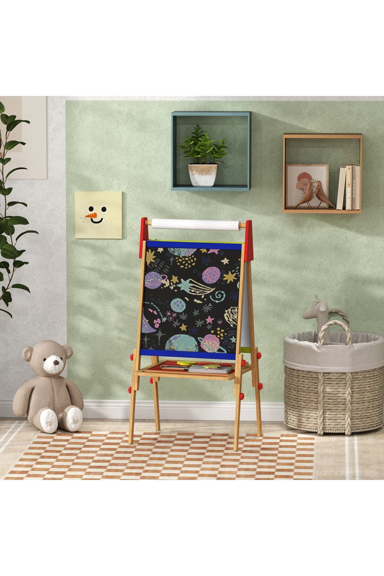 Kids 3-in-1 Art Easel with Paper Roll, Whiteboard, Chalkboard, Alternate, color, Natural Wood