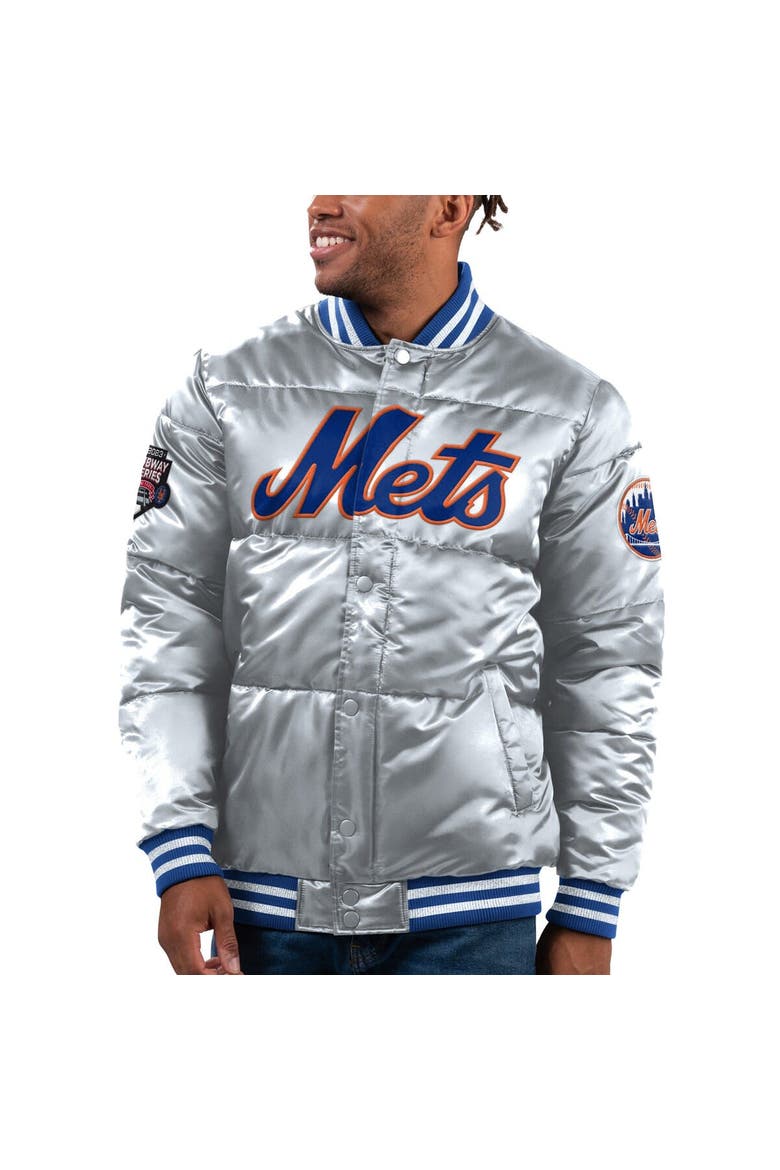 Men's Starter Silver New York Mets Bronx Satin Full-Snap Varsity Bomber Jacket, Main, color, Silver
