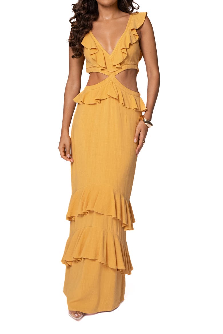 Sunshine Cutout Ruffle Cotton & Linen Maxi Dress, Main, color, YELLOW