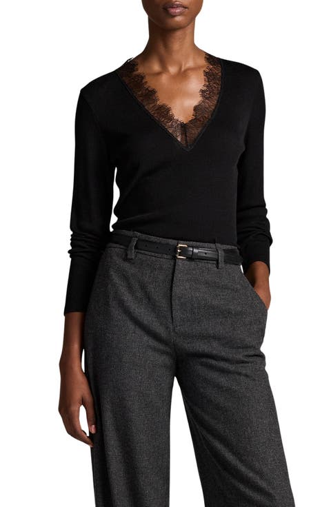 Lace Trim V-Neck Long Sleeve Top