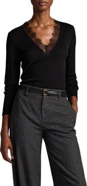 Vince Lace Trim V-Neck Long Sleeve Top