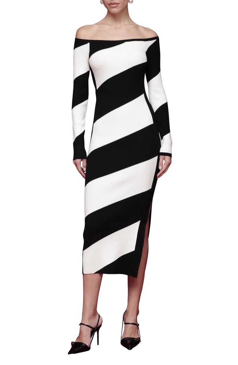 Avec Les Filles Off the Shoulder Long Sleeve Midi Sweater Dress, Main, color, Black-Ivory