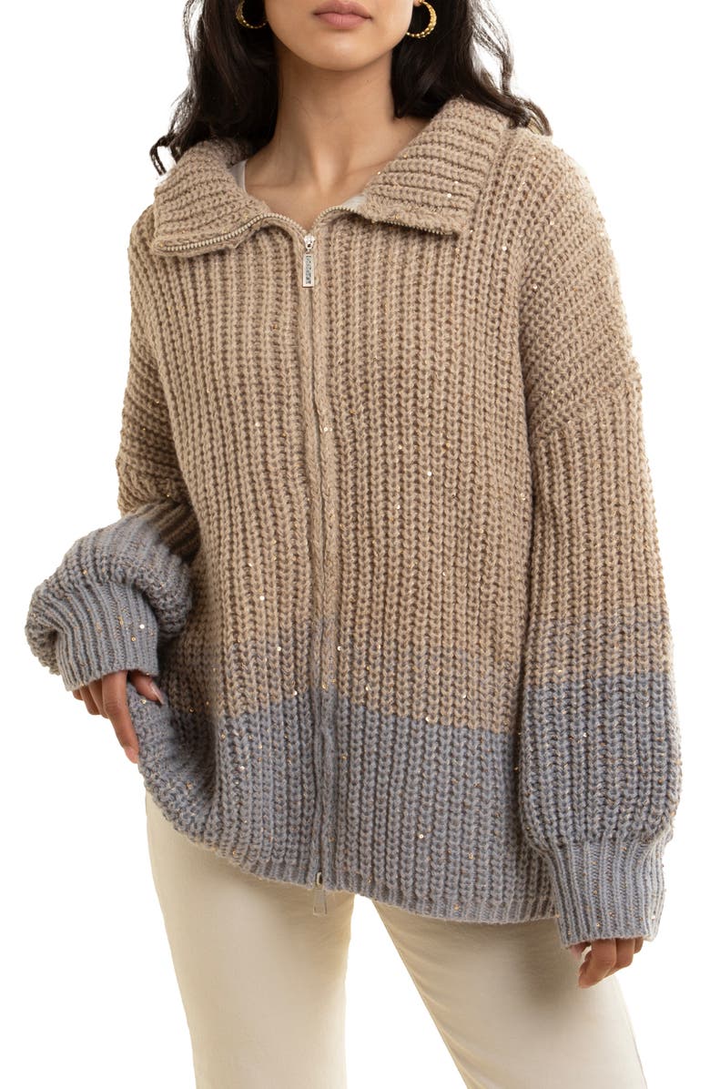 SAACHI Sequin Crocheted Zip-Up Cardigan, Main, color, Brown