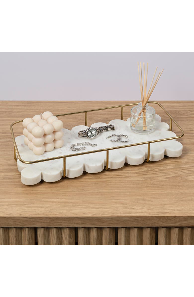 HAPPIMESS Monarch Modern Industrial Metal/Marble Scalloped Base Vanity Tray, Alternate, color, White Marble/Gold