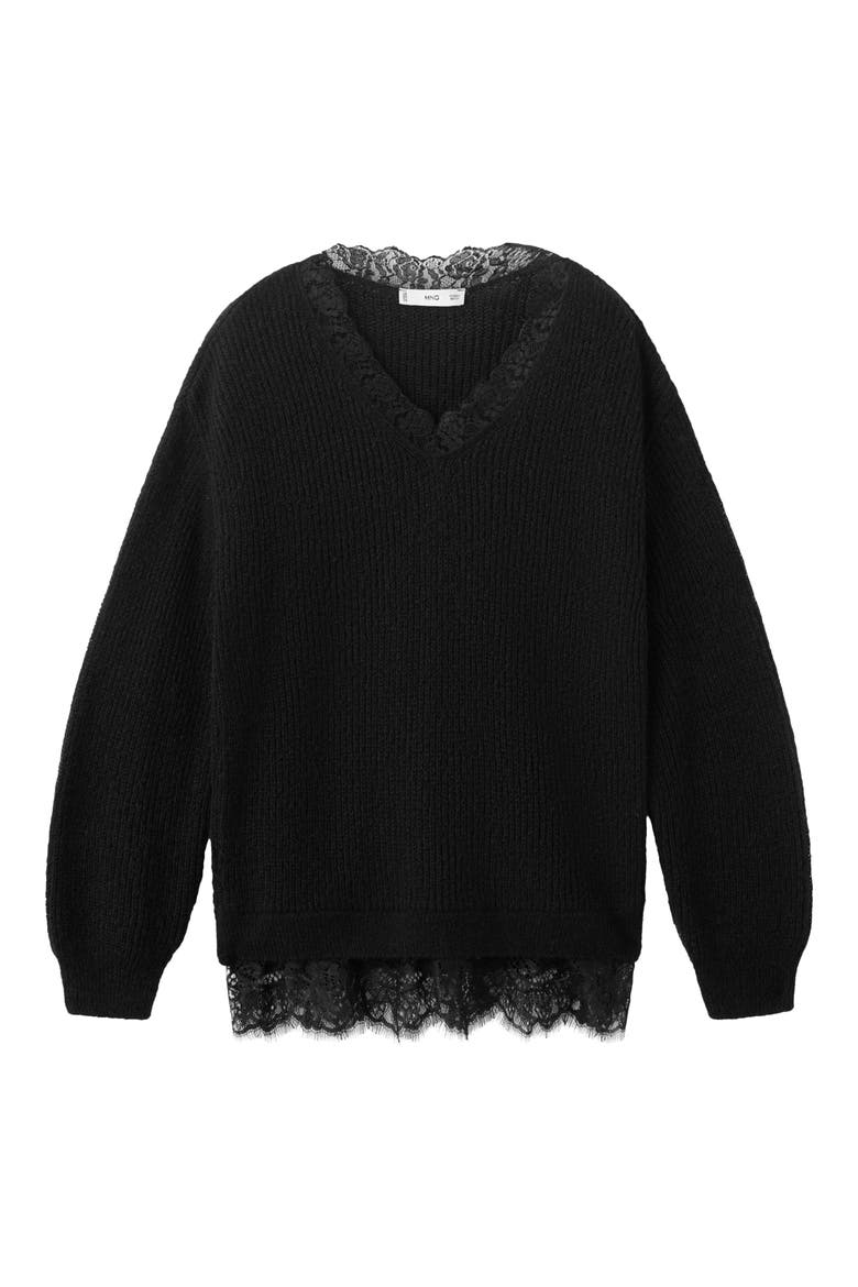 Lace Trim Rib Sweater, Main, color, BLACK