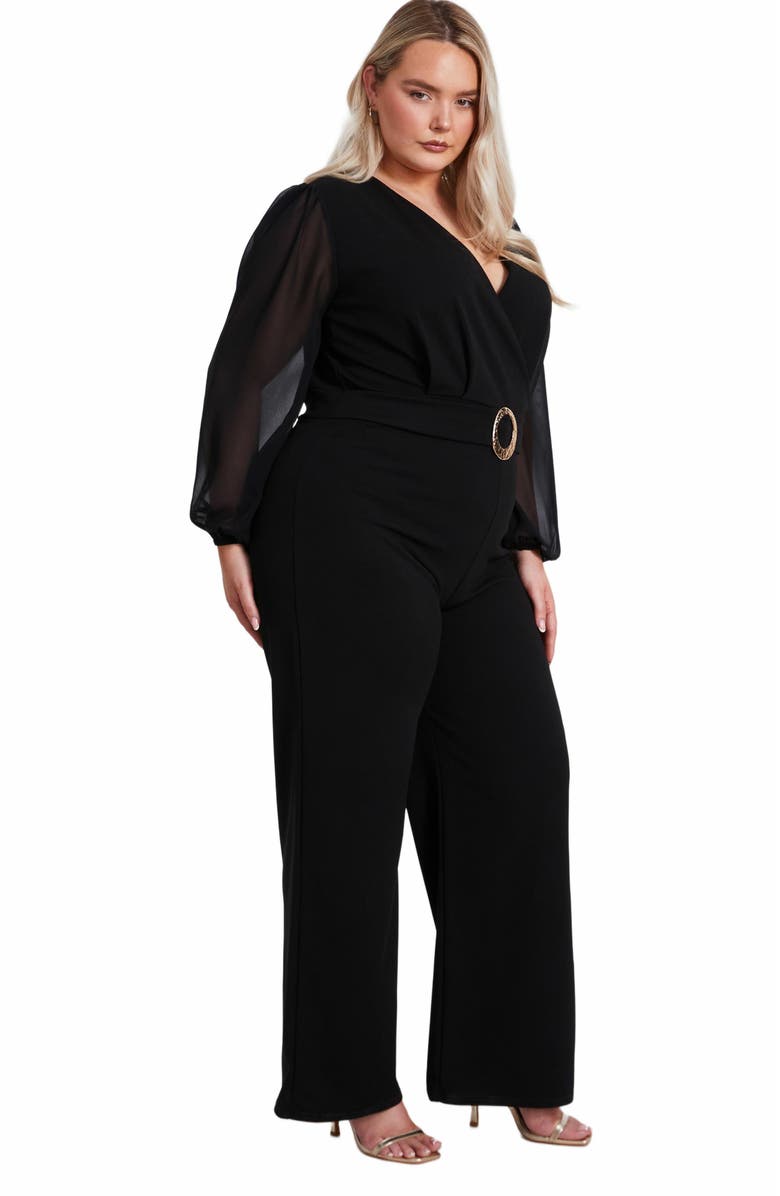 QUIZ Plus Size Chiffon Wrap Buckle Jumpsuit, Alternate, color, Black