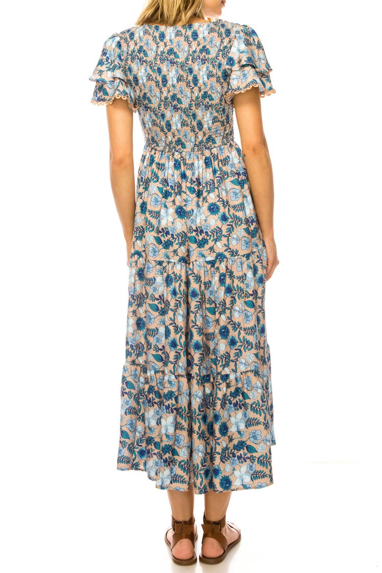 Floral Print Flutter Sleeve Midi Dress, Alternate, color, HAZELNUT