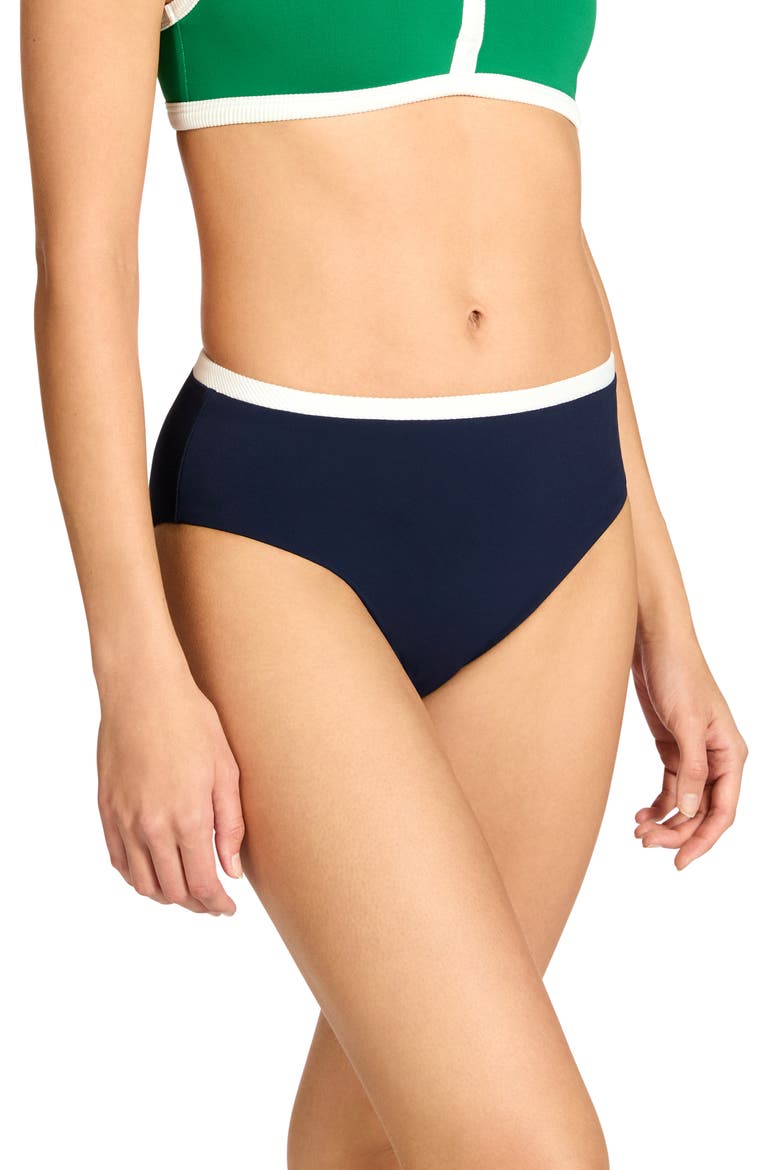Jacqui High Waist Bikini Bottoms, Alternate, color, NAVY/ CREAM