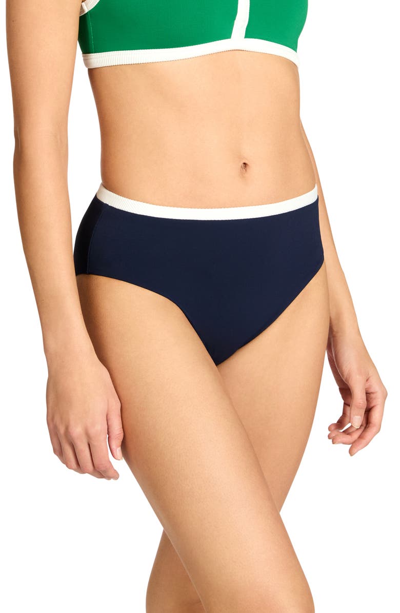 Robin Piccone Jacqui High Waist Bikini Bottoms, Alternate, color, Navy/ Cream