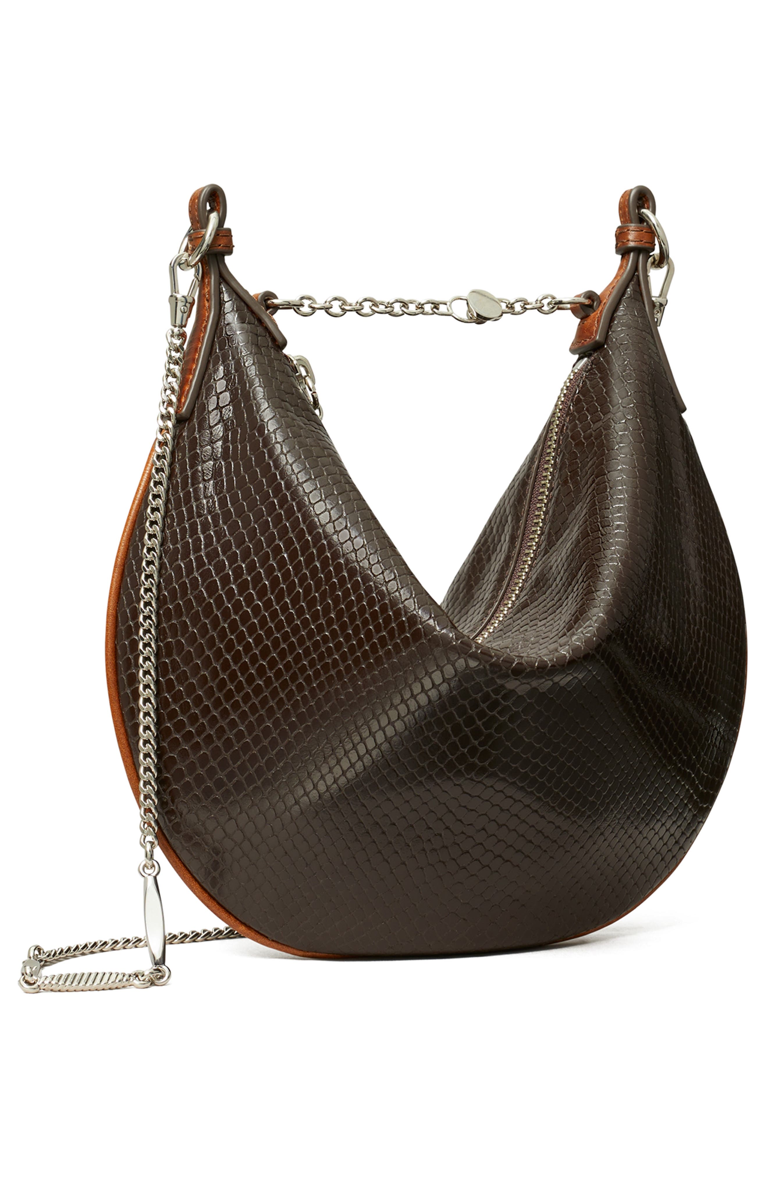 Tory Burch Mini Chain Strap Croc Embossed Leather Balloon Bag, Alternate, color, Dark Brown