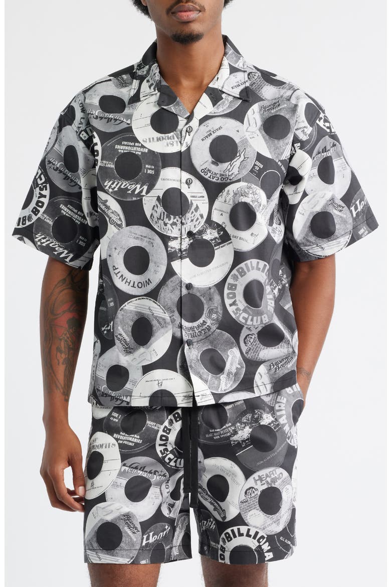 Beats Print Cotton Cropped Camp Shirt, Main, color, BLACK