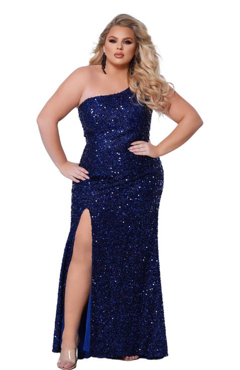 One-Shoulder Sequin Plus Size Evening Gown