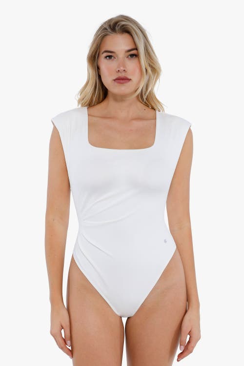 Popilush Shapewear Square Neck Padded Shoulder Slimming Bodysuit In Pearl White
