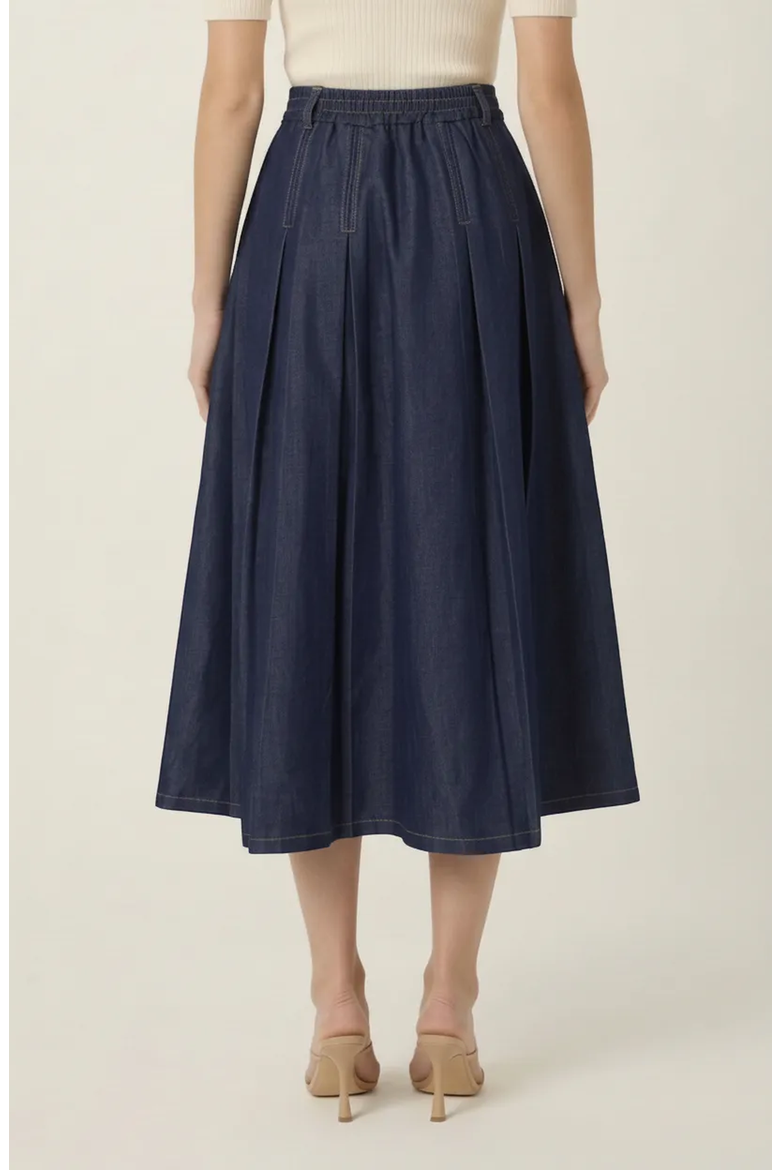 High Waist Pleated Detail A-Line Midi Skirt, Alternate, color, Navy Blue