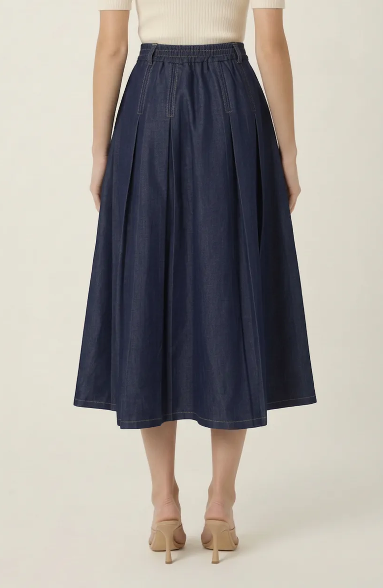 Modenaire High Waist Pleated Detail A-Line Midi Skirt, Alternate, color, Navy Blue