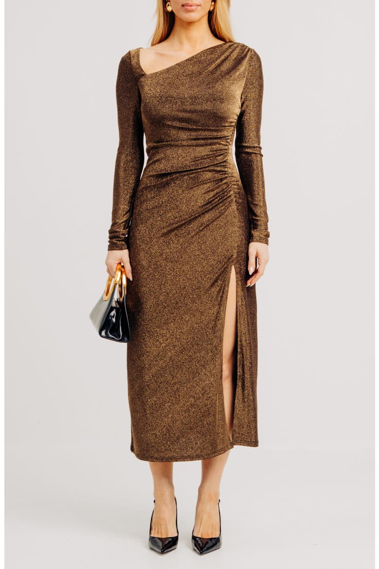 Agnes Asymmetric Long Sleeve Dress, Main, color, BLACK METALLIC/ ANTIQUE GOLD
