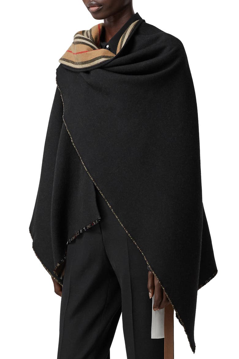 Icon Stripe Reversible Wool Cape, Alternate, color, BLACK/ ARC BEIGE