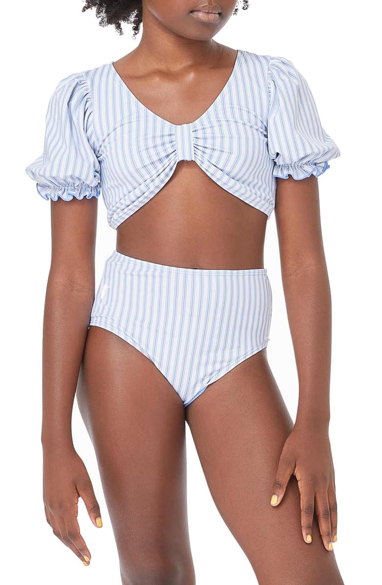 Habitual Kids ' Puff Sleeve Stripe Two-Piece Swimsuit, Alternate, color, 