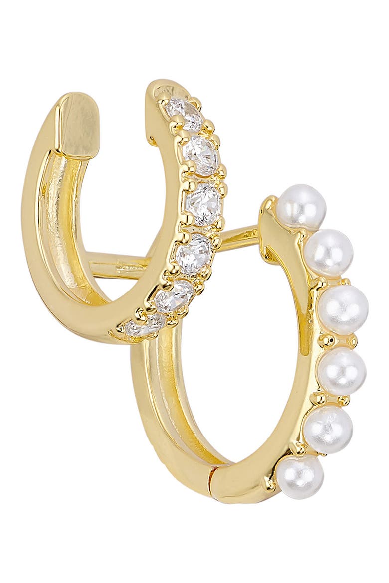 Faux Pearl & Cubic Zirconia Double Huggie Hoop Earrings, Alternate, color, GOLD