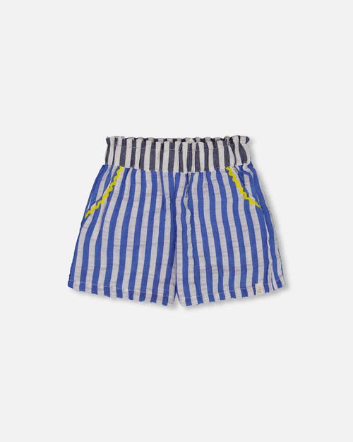 Deux Par Deux Girl's Seersucker Short Blue And White Striped In Blue And White Striped