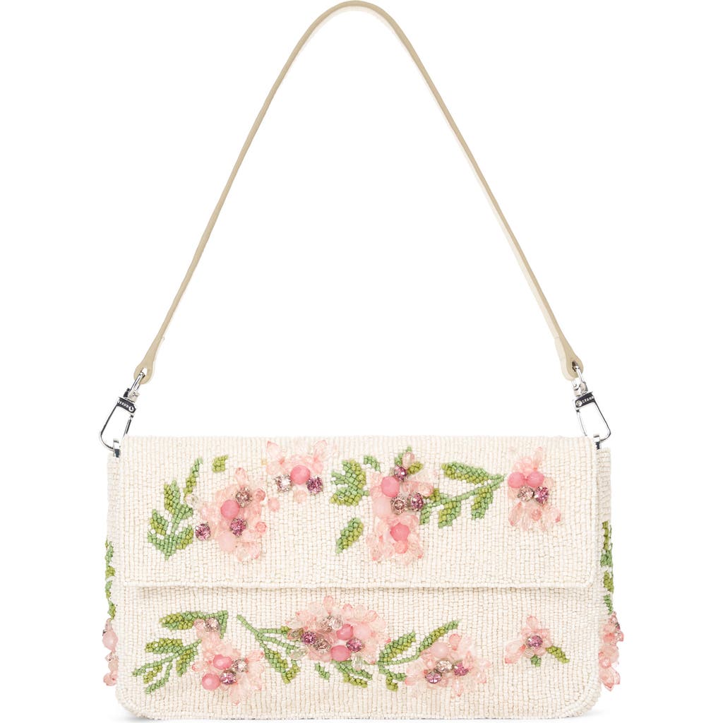 Staud Timmy Leather-trimmed Beaded Satin Shoulder Bag In Magnolia