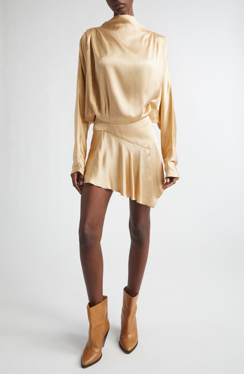 Isabel Marant Neline Long Sleeve Asymmetric Satin Minidress, Main, color, Beige
