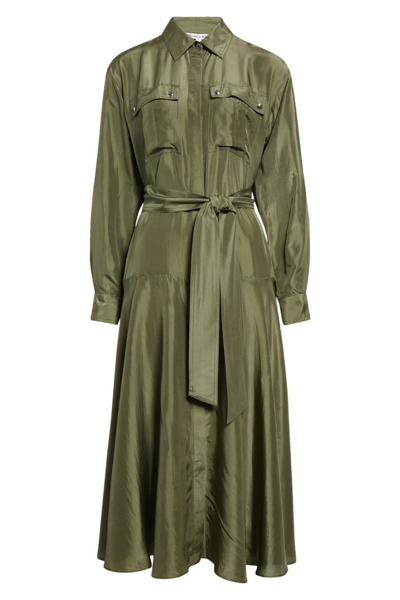 Camille Tie Waist Long Sleeve Silk Midi Dress, Alternate, color, STONE ARMY