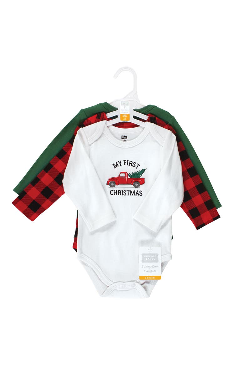 Essential Long-Sleeve Cotton Bodysuit Triple Set, Alternate, color, Christmas Tree 3-Pack